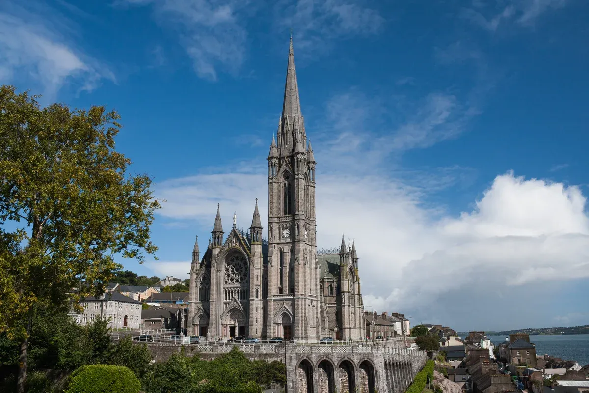 St Colman's Cathedral above Cobh harbour on an Ireland rail tour